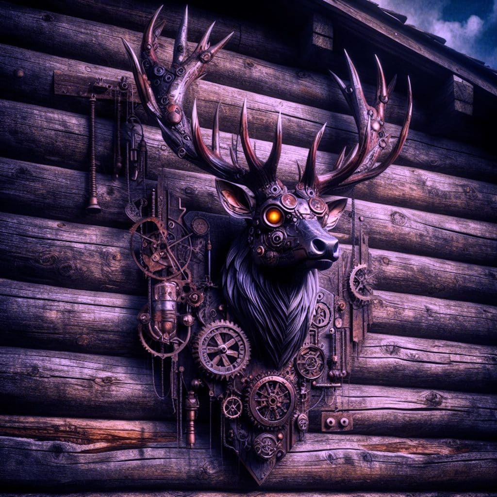 steampunk cyberpunk stag head on an old cabin wall