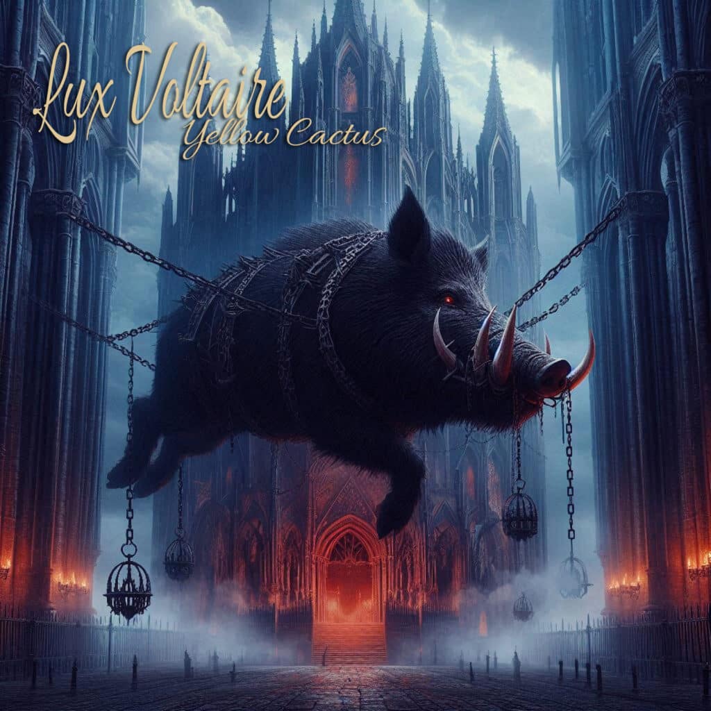 A black boar floating in the space between cathedrals